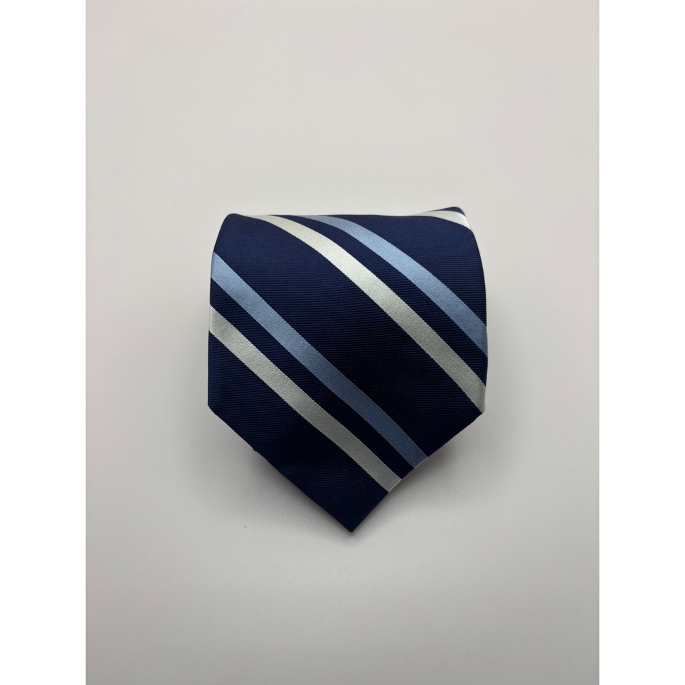 Nautica Mens Silk Necktie Navy Blue Light Blue Silver Striped Made in USA 1942